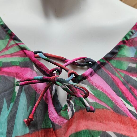 One Size Tropical Leaves Kimono Shear Beach Suit Cover-up Lace Up Neck Party - Picture 2 of 6